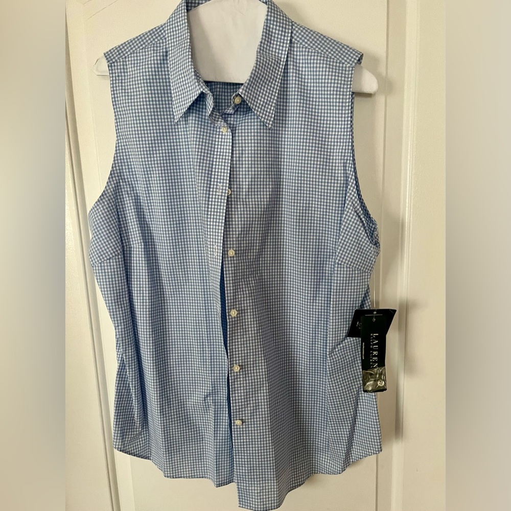 NWT LAUREN RL Sleeveless No Iron Blue Gingham Blouse, Sz XL